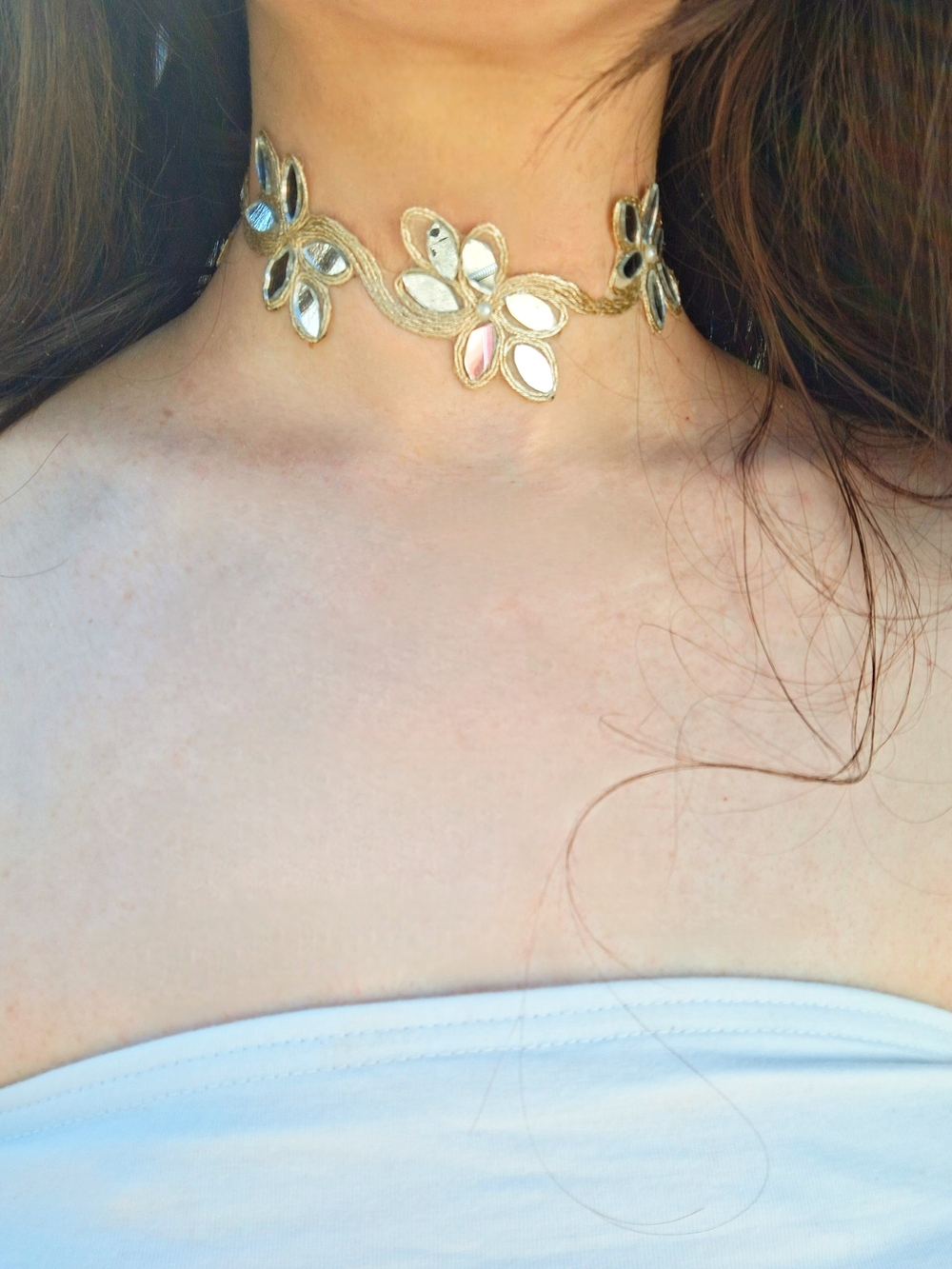Handmade Gold Floral Statement Mirror Flower Petal & Pearl Choker Necklace Boho